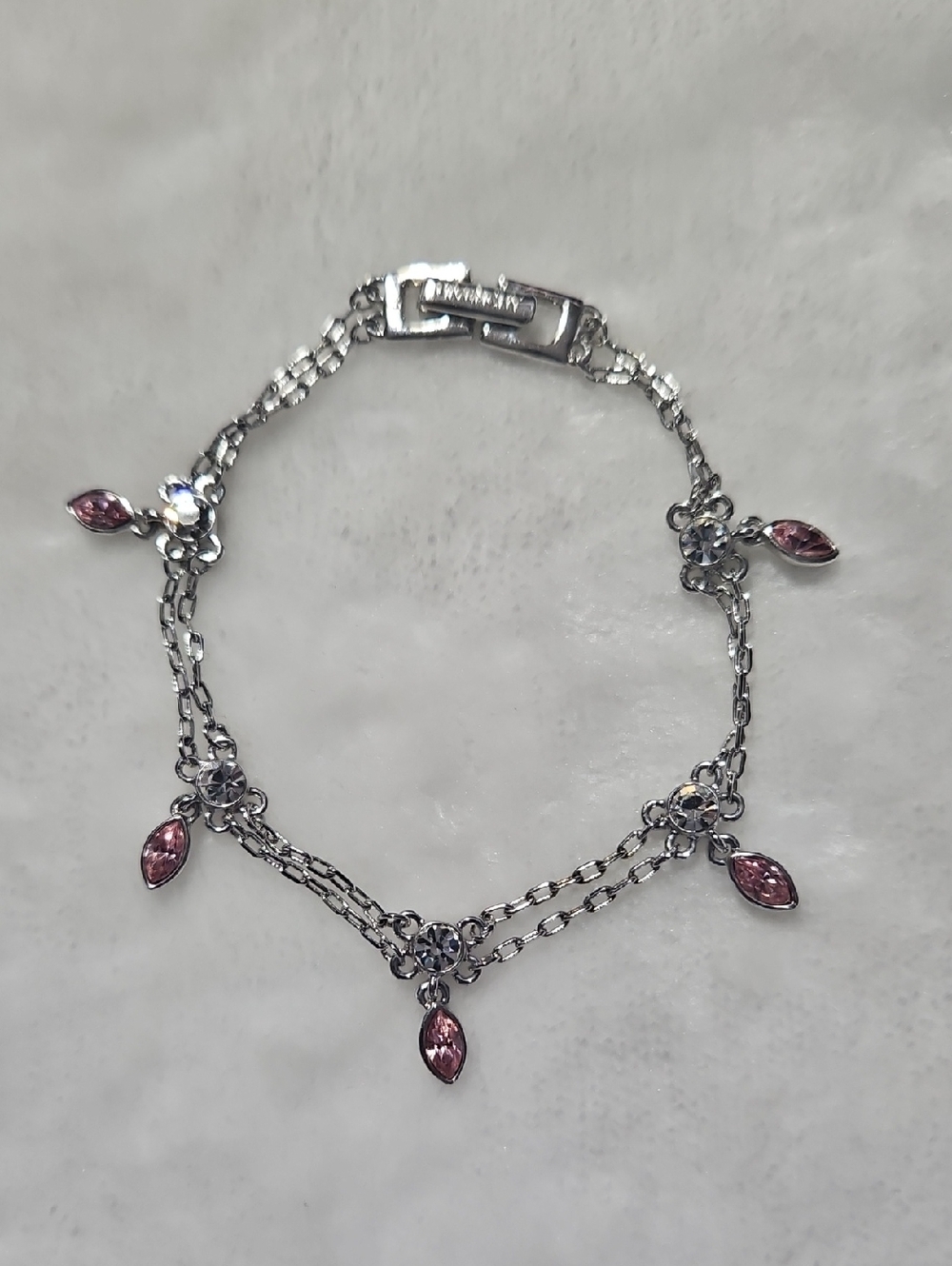 Givenchy Double Strand Silver Bracelet with Pink Teardrop & Clear Rhinestones.